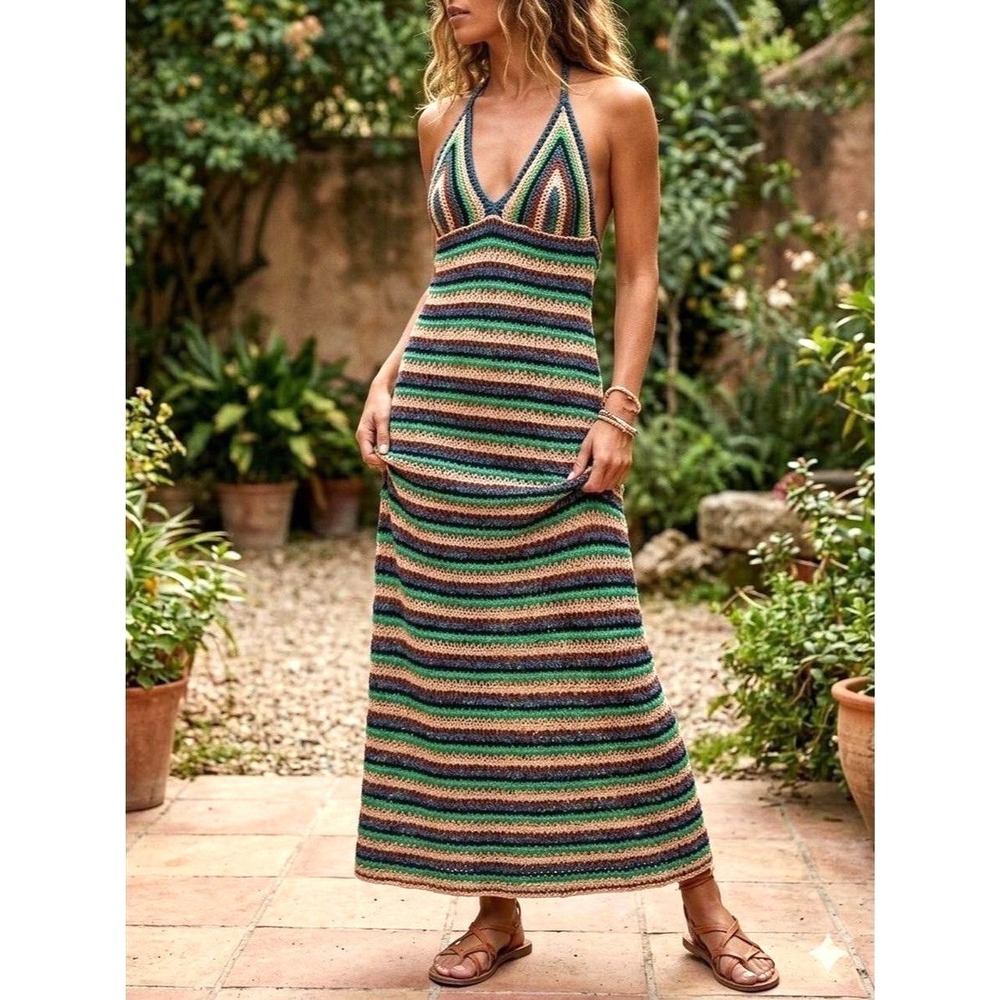 Zara Womens Striped Crochet Boho Maxi Dress S Beach Festival Resort Vacay Coast